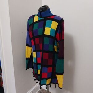 Vintage Sweater Multicolor Pompom Size Large Pullover Colorblock By Cervelle